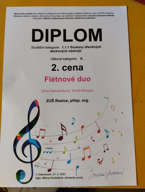 Okresní kolo soutěží ZUŠ pro komorní hru dřevěných nástrojů (fléten) v Oslavanech 21. 2. 2023 (HO)