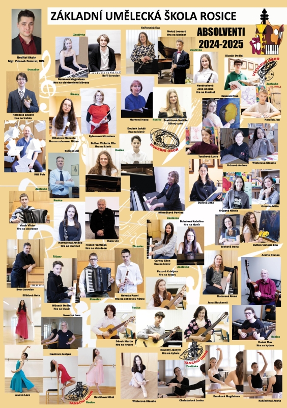 Absolventi školního roku 2024-2025 a jejich tabla (HO, VO, TO)